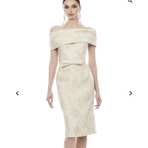 Off-Shoulder Ivory Floral Jacquard Sheath Dress